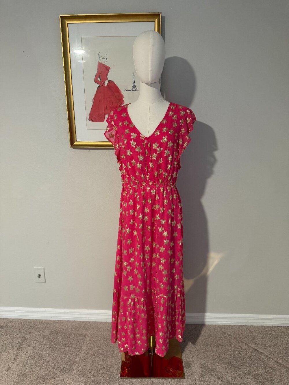Aqua Pink Flutter Sleeve Star Maxi Dress - L